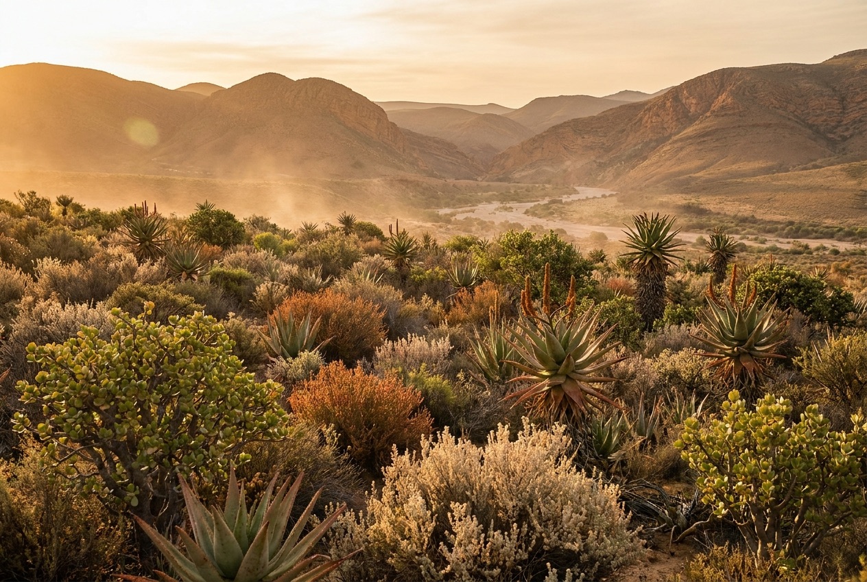 Cinematic South African dryland landscape with indigenous botanicals at golden hour