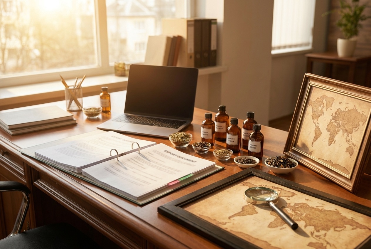Premium B2B sourcing consultation scene with botanical samples, export documents, world map detail and amber bottles