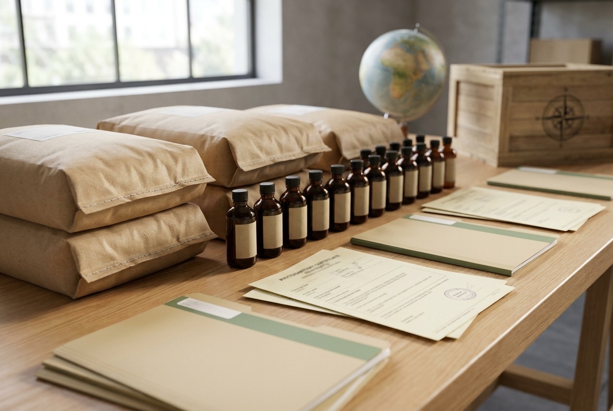 Botanical export scene with sealed kraft bulk bags, amber bottles, documentation folders and shipping elements