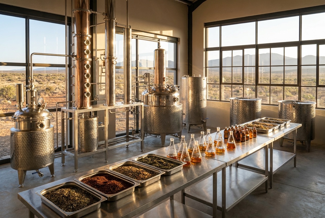 Modern botanical extraction laboratory in South Africa with glassware, amber extracts and stainless steel equipment