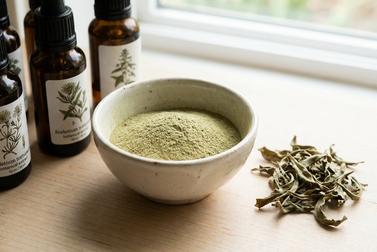 Fine botanical extract powder in a ceramic dish with amber glass bottles and dried Sceletium herb