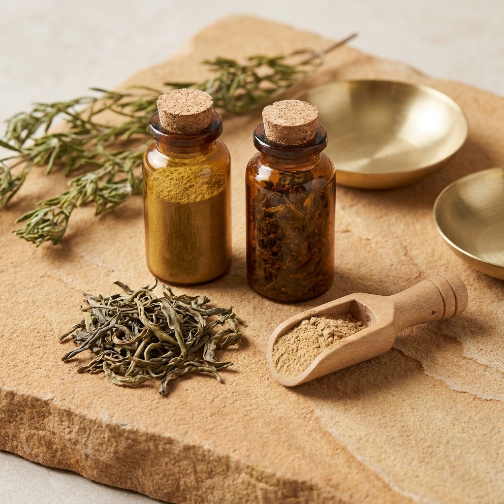 Dried Sceletium tortuosum (Kanna) herb, botanical extract powder and amber glass sample bottles