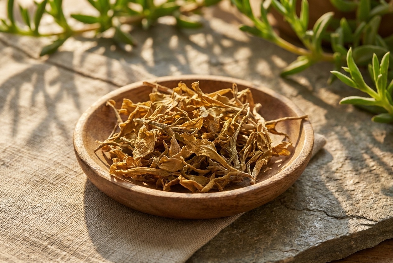 Premium macro photography of dried Sceletium tortuosum (Kanna) herb on natural linen and stone